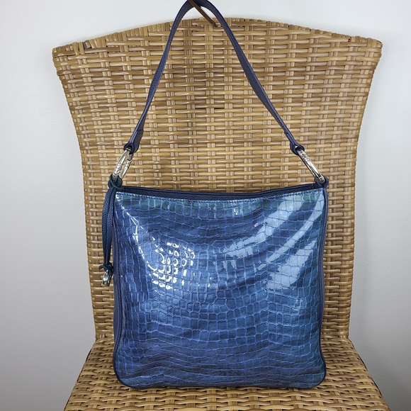 Brighton Cher Shoulder Bag Crocodile Embossed Leather Glossy Blue Heart Charm - Picture 1 of 16